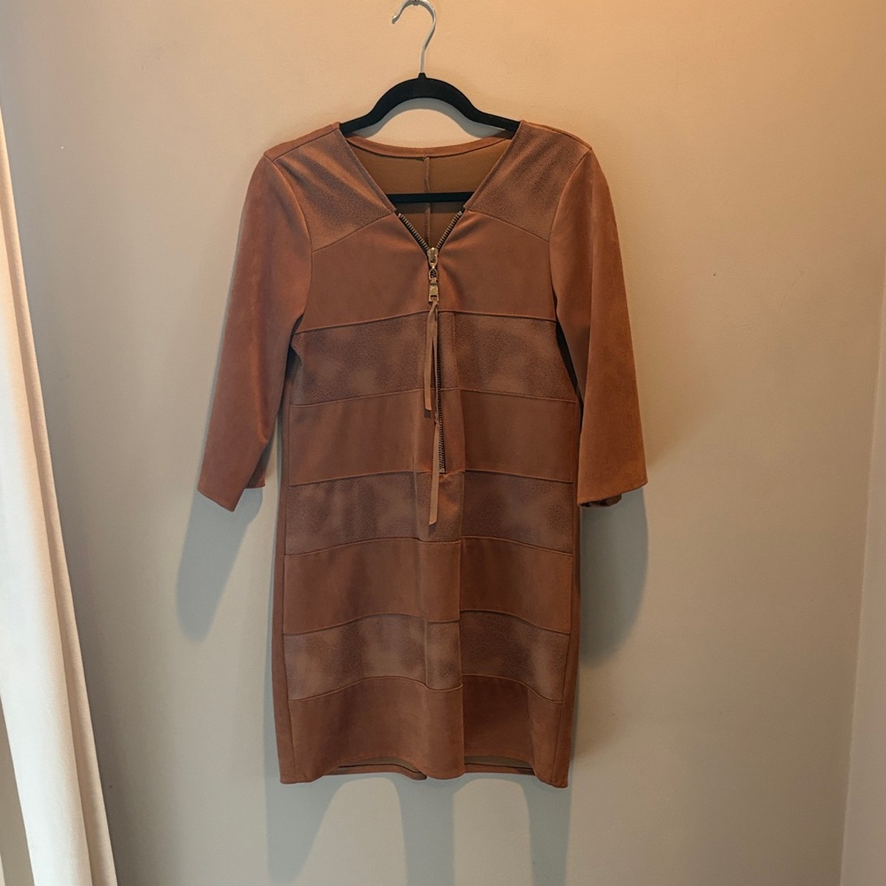 Women’s Brown Suede-Style Shift Dress with Front Zipper